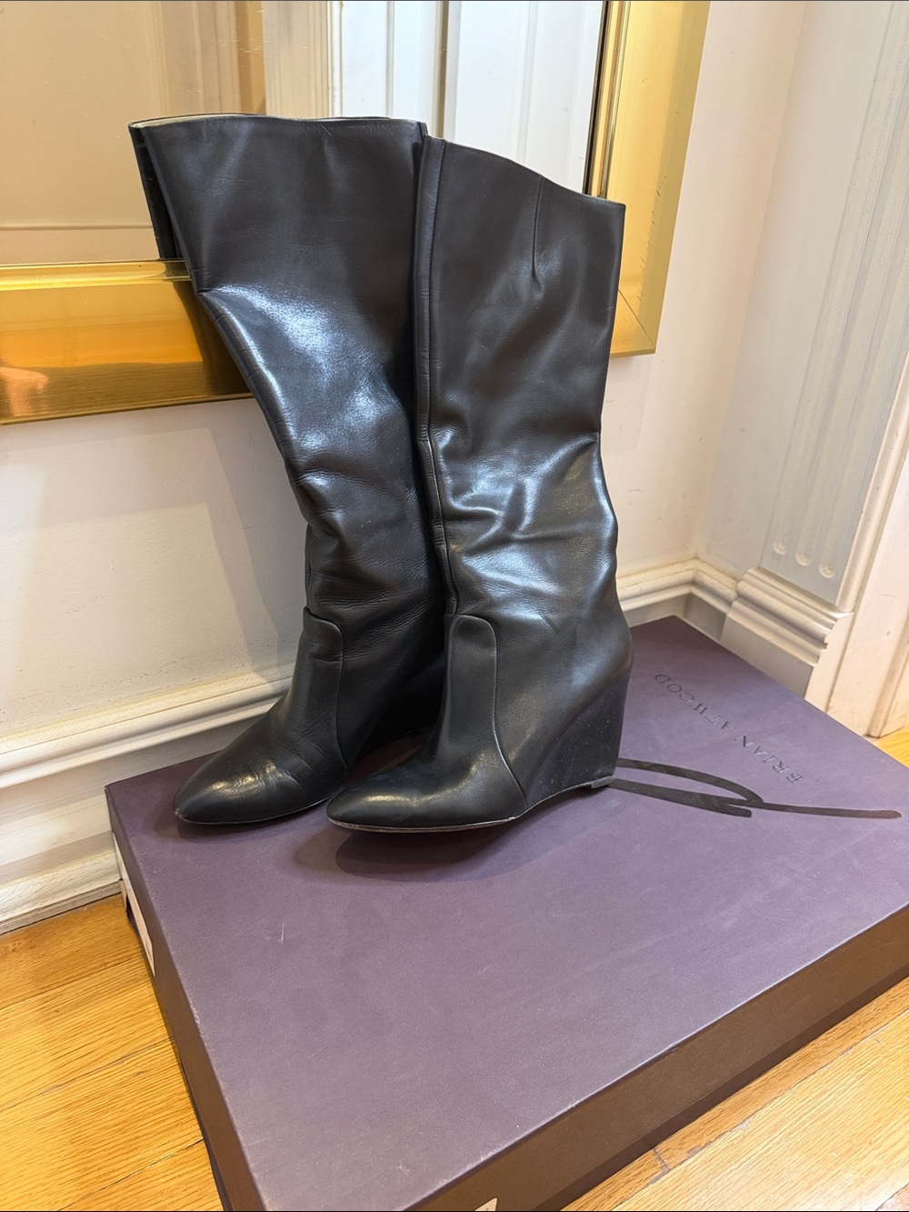 Brian Atwood Black Leather Knee-High Wedge Boots